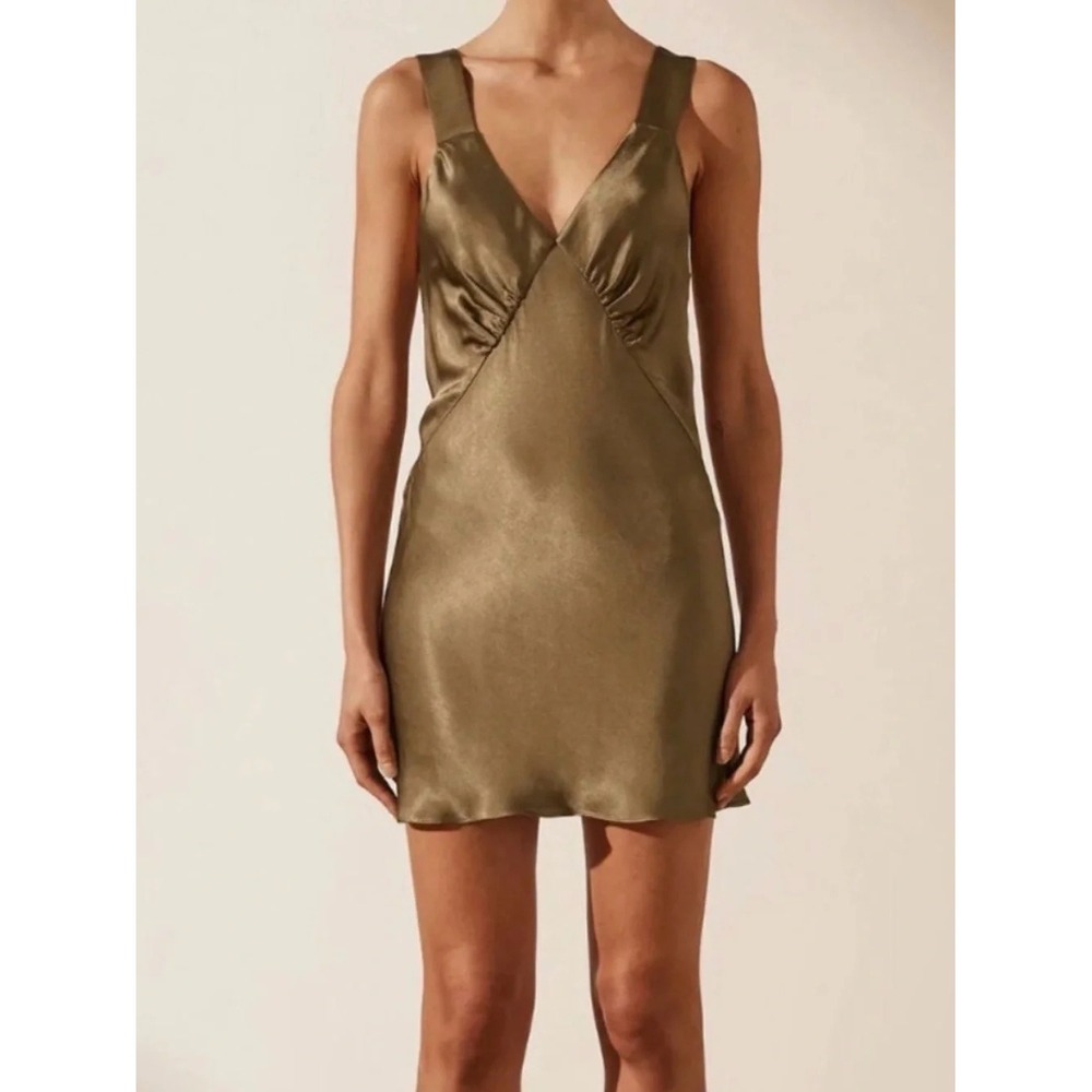 Shona Joy La Lune Satin Mini Dress Olive Bronze V-Neck Gathered Bust Sleeveless